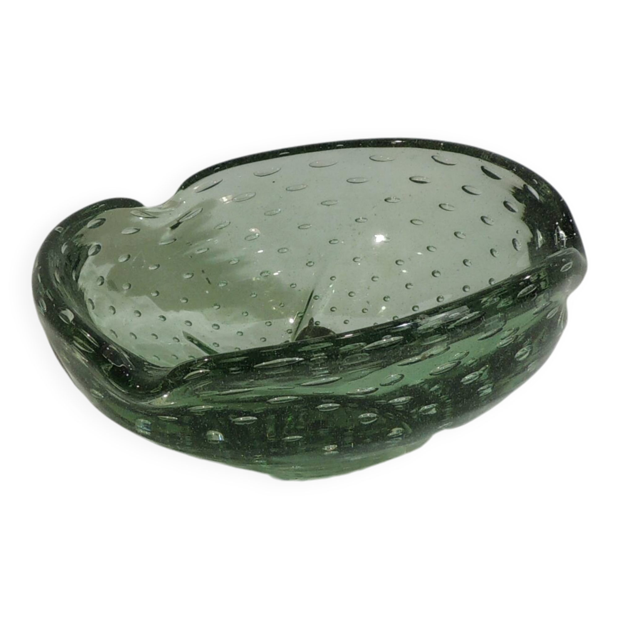 Large Murano green bullicante ashtray – vintage blown Italian glass – empty