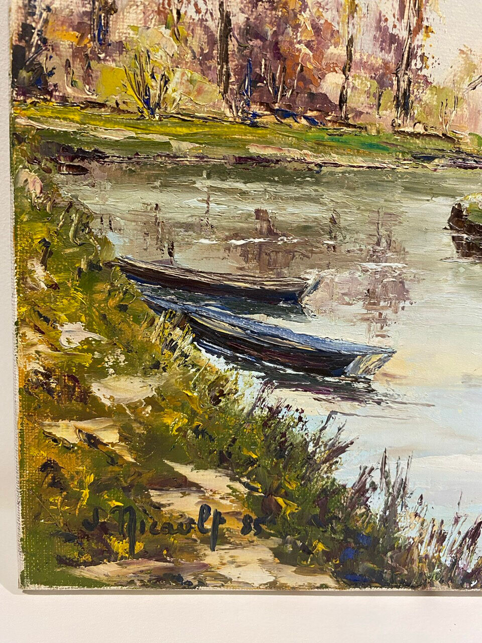 Old painting, landscape with the river signed J Micault dated 1985