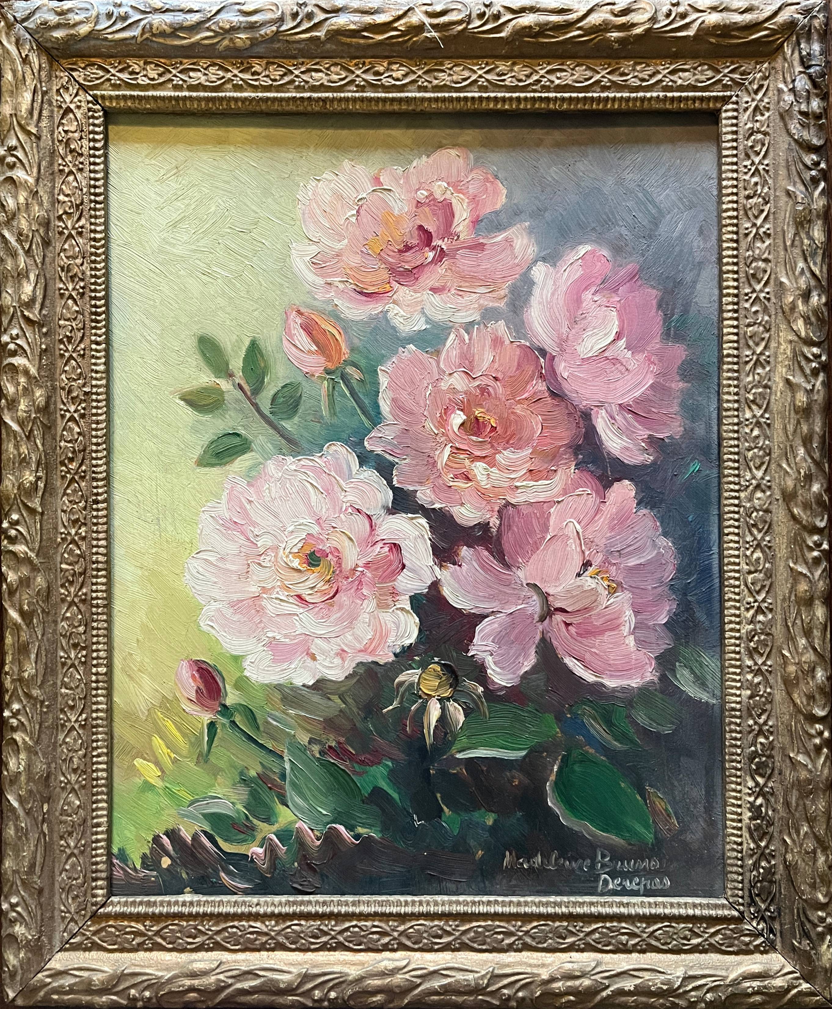 HSP Garden Roses painting signed Madeleine Bruno Derepas + frame