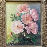 Tableau HSP Roses du jardin signé Madeleine Bruno Derepas + cadre