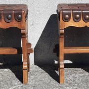 Pair of brutalist stools, leather seat.