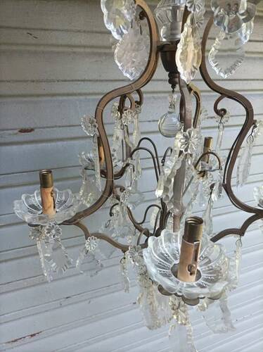 Rare antique brass and crystal cage chandelier with 5 lights from the 20th century - CONDITION OF THE MARKET GAU?