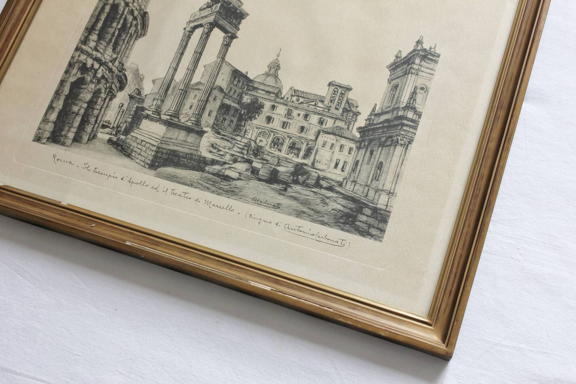 Framed lithograph reproduction drawing ruins of Rome by Antonio Carbonati vintage