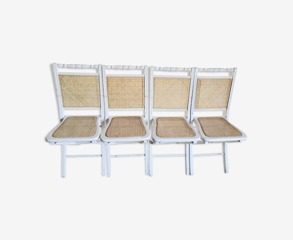Suite de 4 chaises pliantes bois et cannage vintage années 60/70