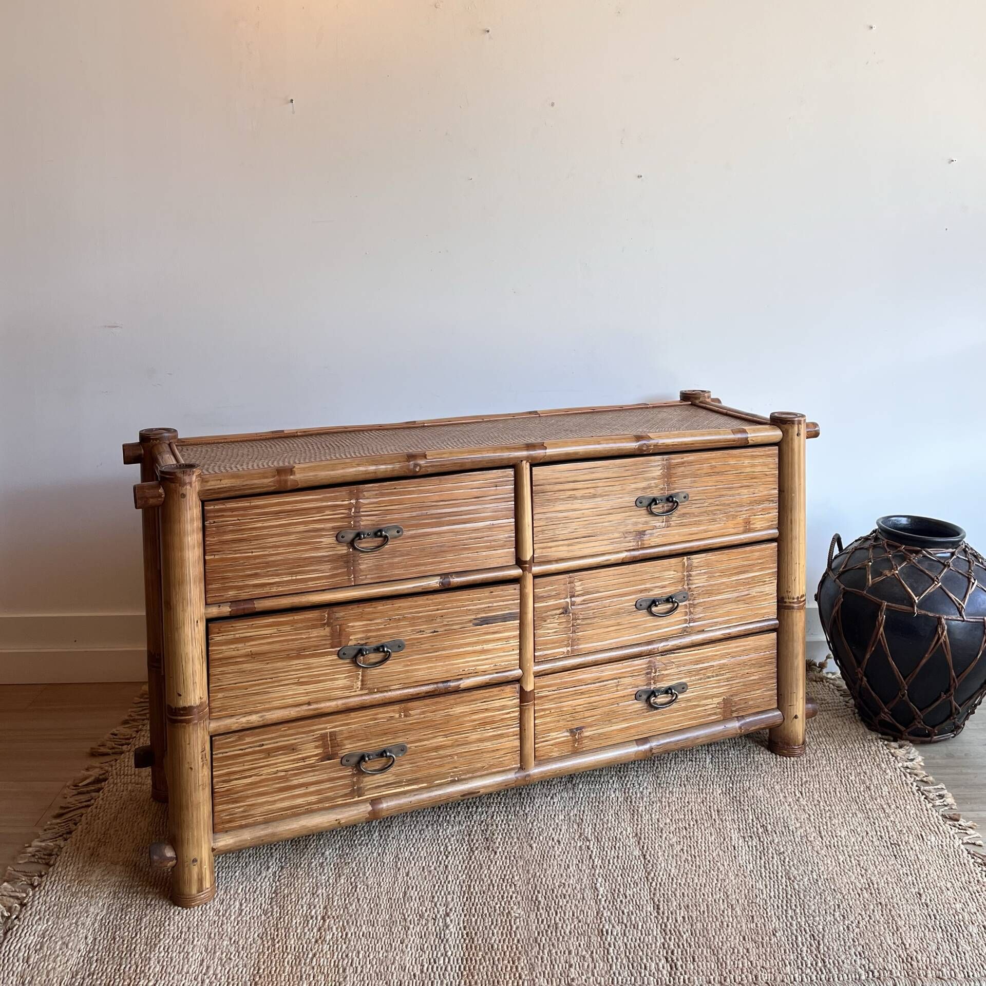 Commode sideboard vintage en bambou à 6 tiroirs,