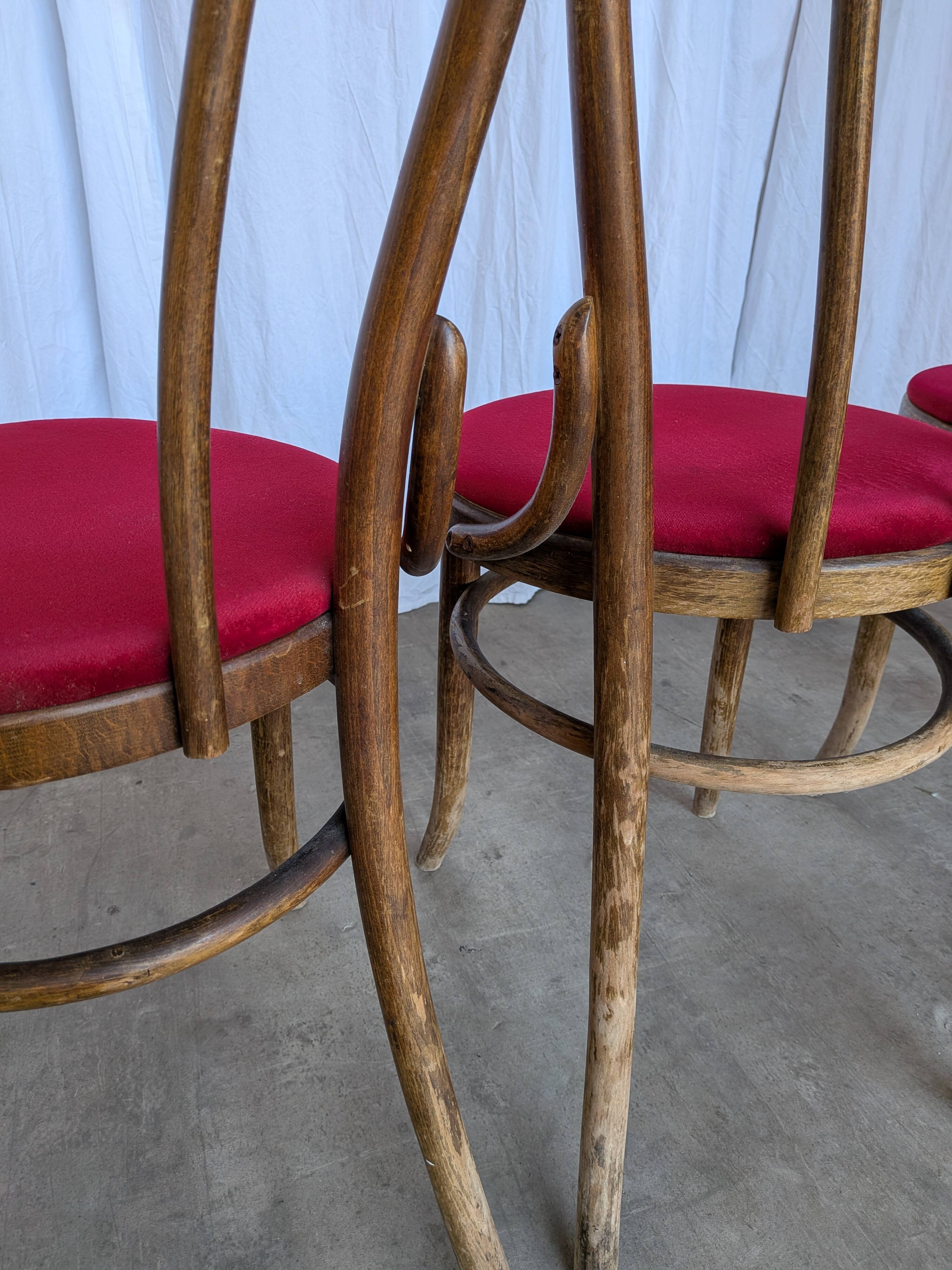 Set of 8 Vintage Bentwood Bistro Chairs: Red Upholstery
