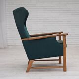1970s, Danish high back armchair, furniture wool, solid oak wood.