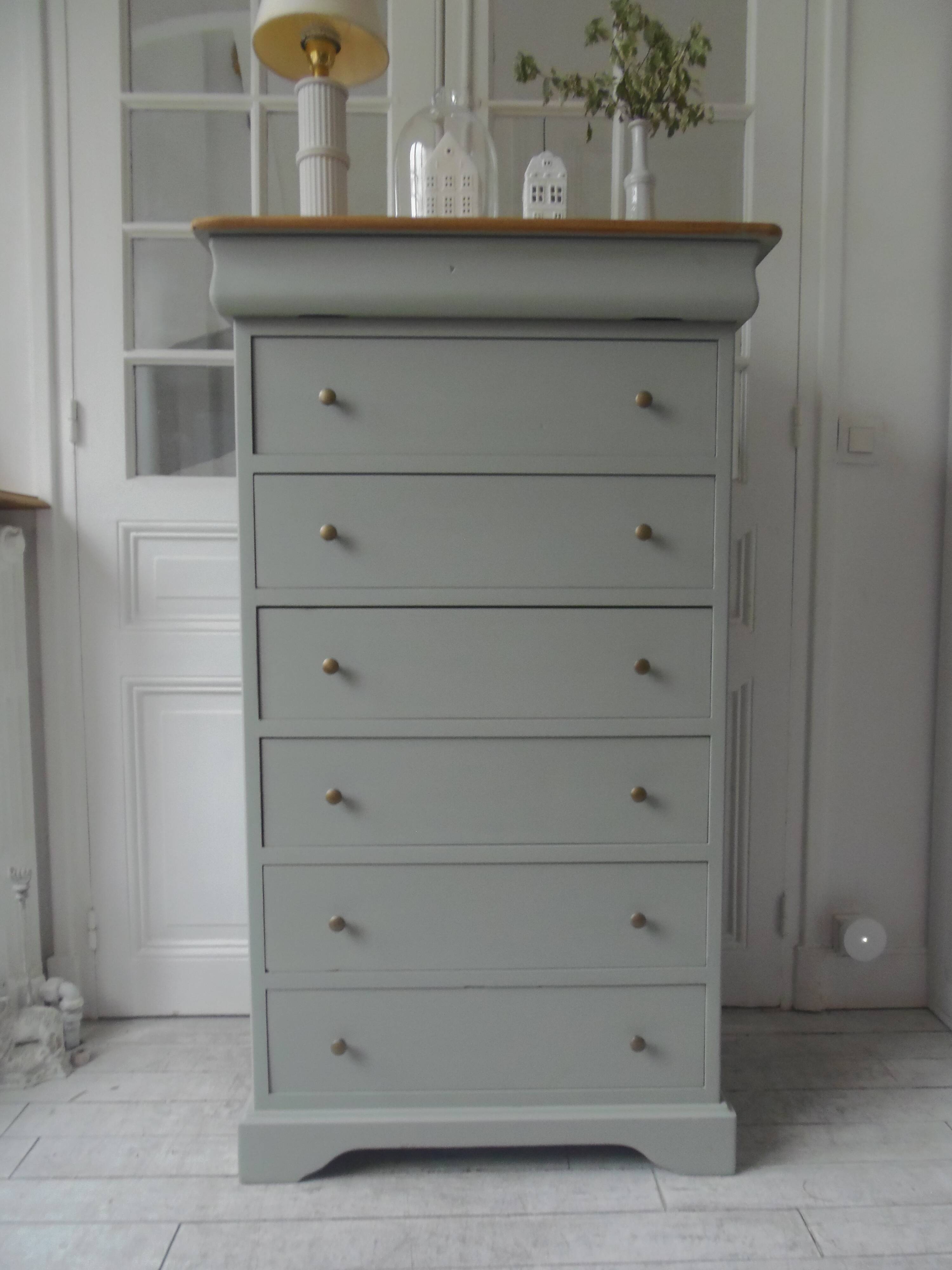 Louis Philippe style chest of drawers, 7 drawers, in verdigris, wooden top