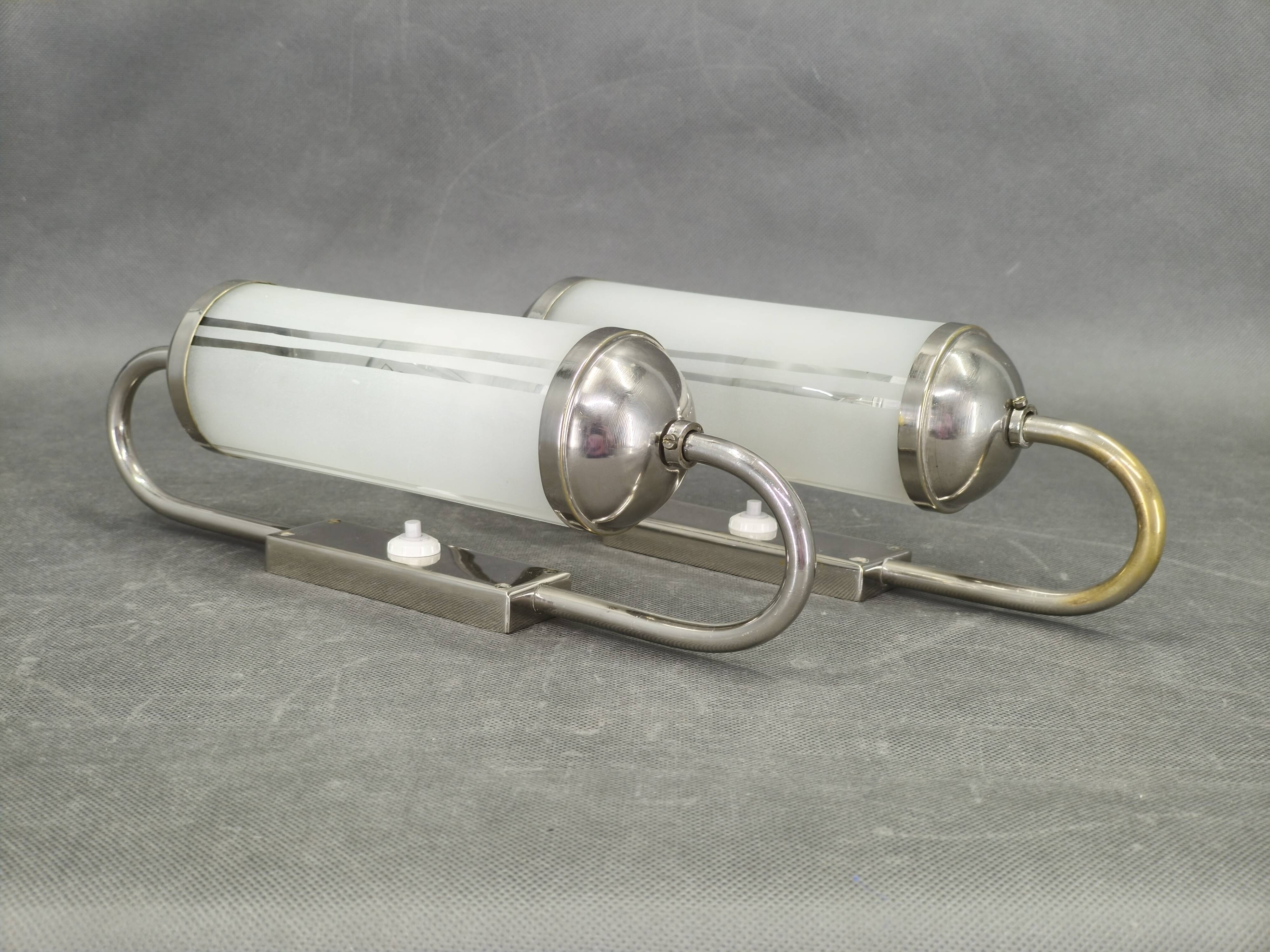 Pair of Art Deco Nickel and Glass Wall Lights, 1930s