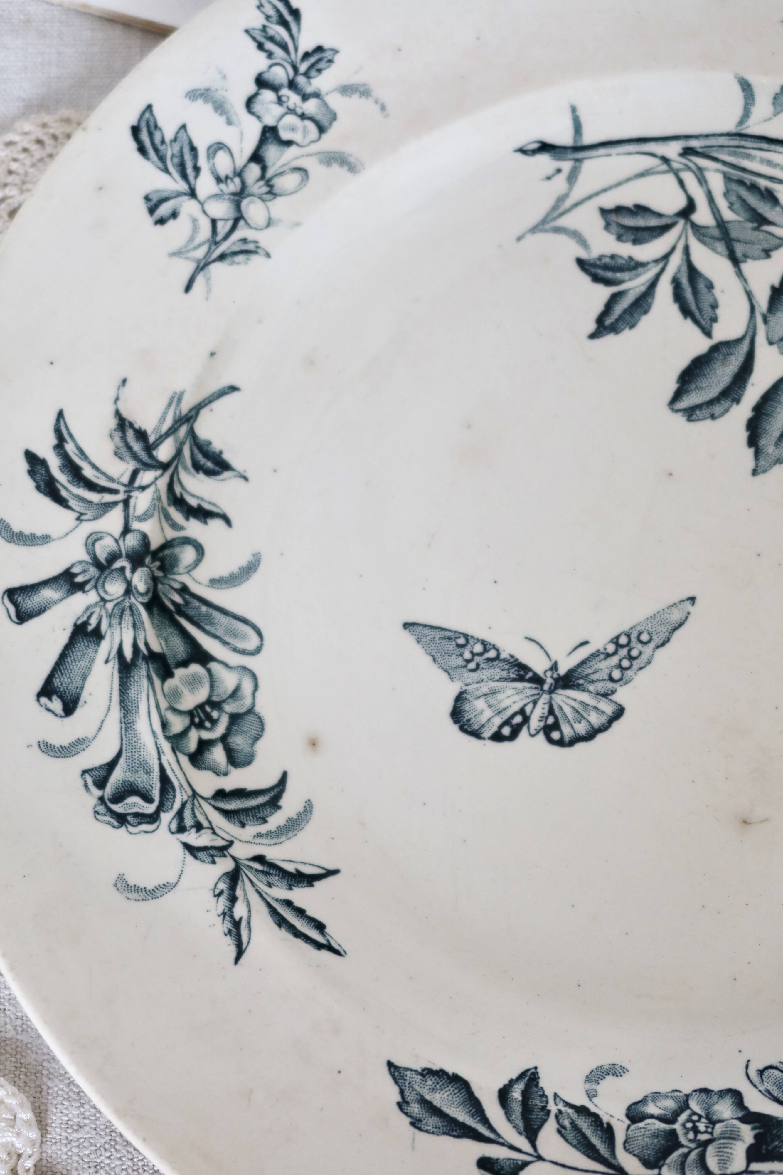 Plat de service rond terre de fer Badonviller modèle Jasmin motif fleuri papillon fin XIXème