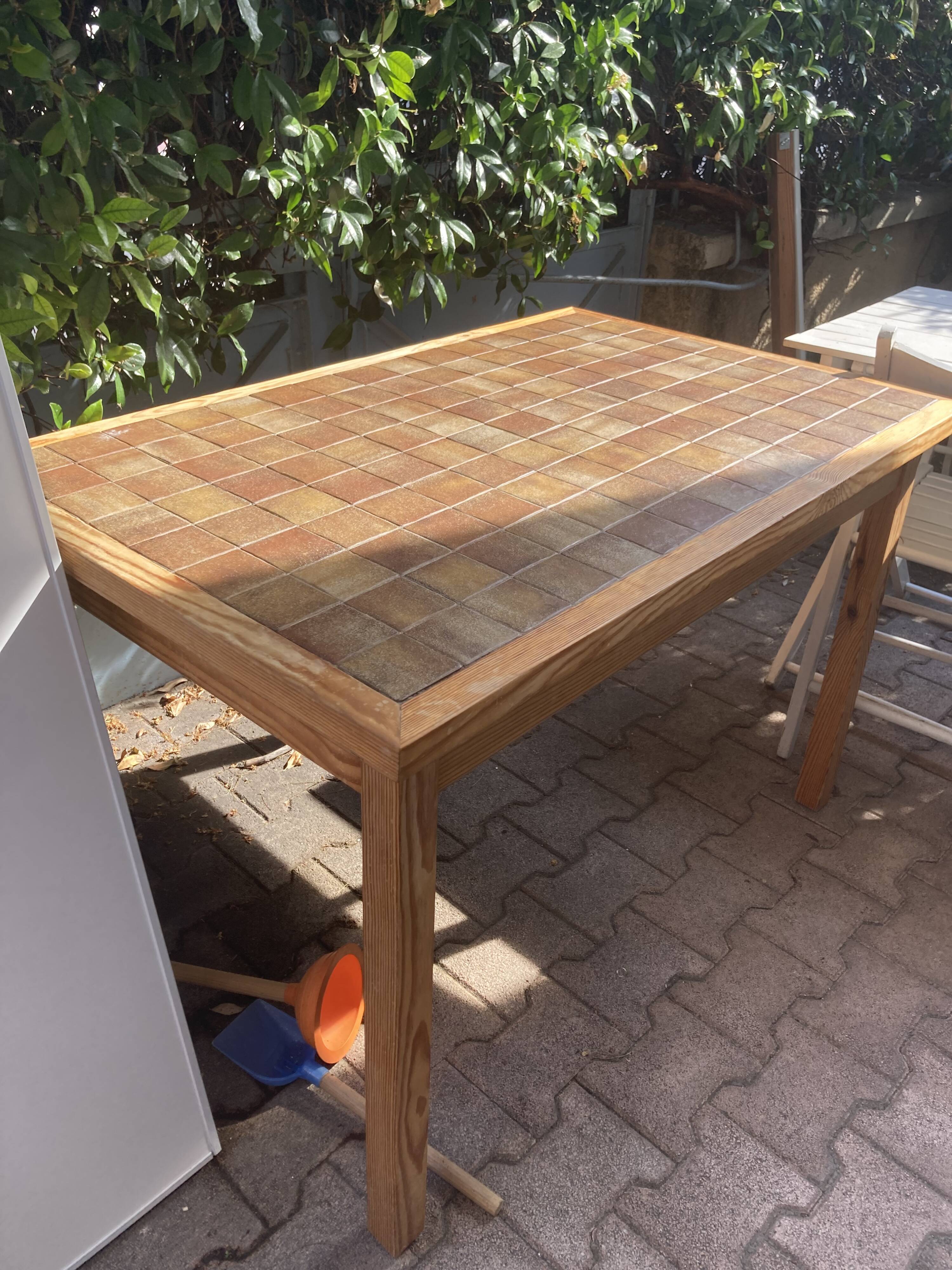 Pine and brown ceramic table, 1960s