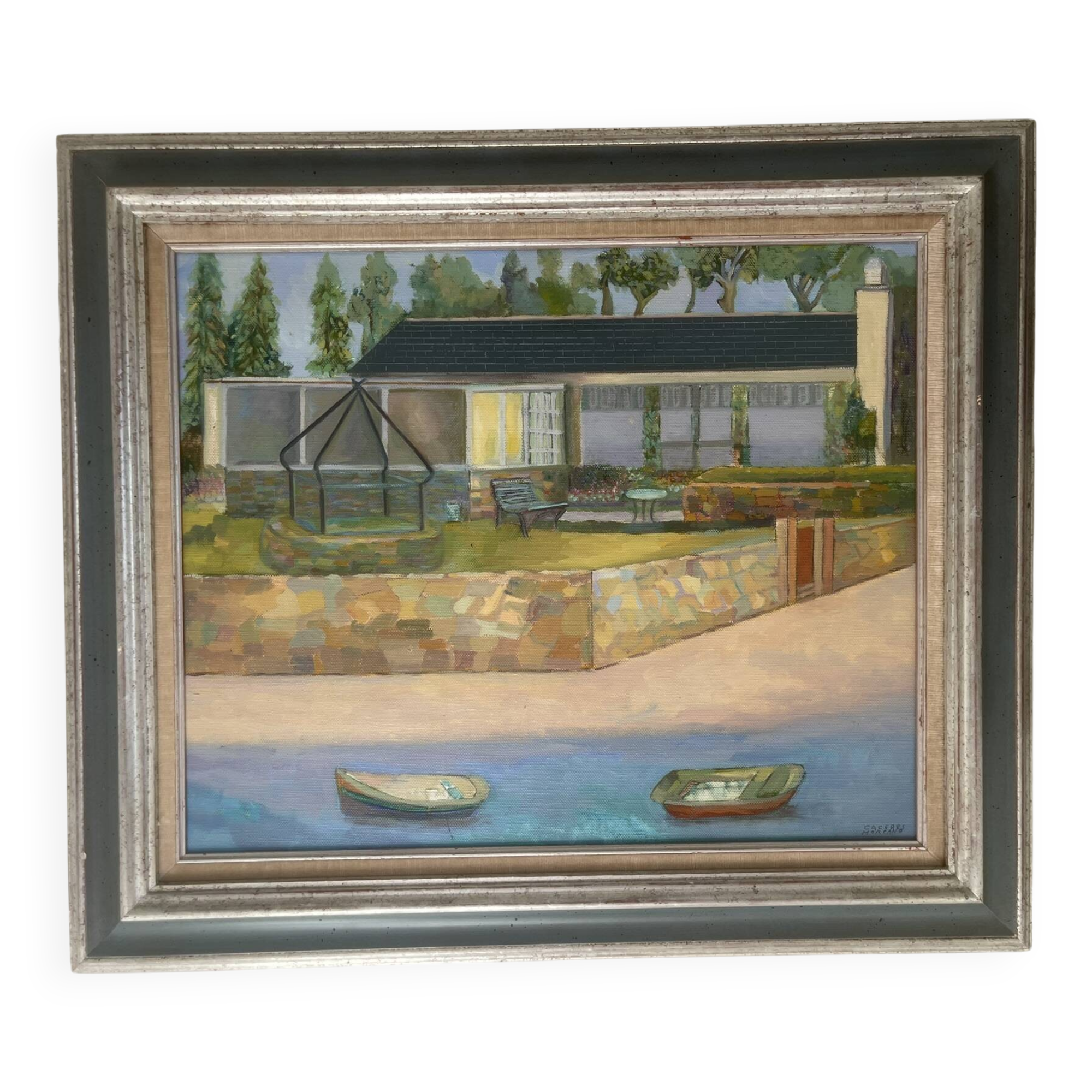 Old Oil Painting Canvas House Beach Boat Sea Village 80x70cm