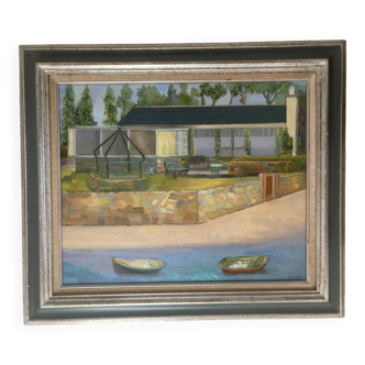 Old Oil Painting Canvas House Beach Boat Sea Village 80x70cm