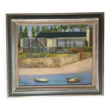 Old Oil Painting Canvas House Beach Boat Sea Village 80x70cm