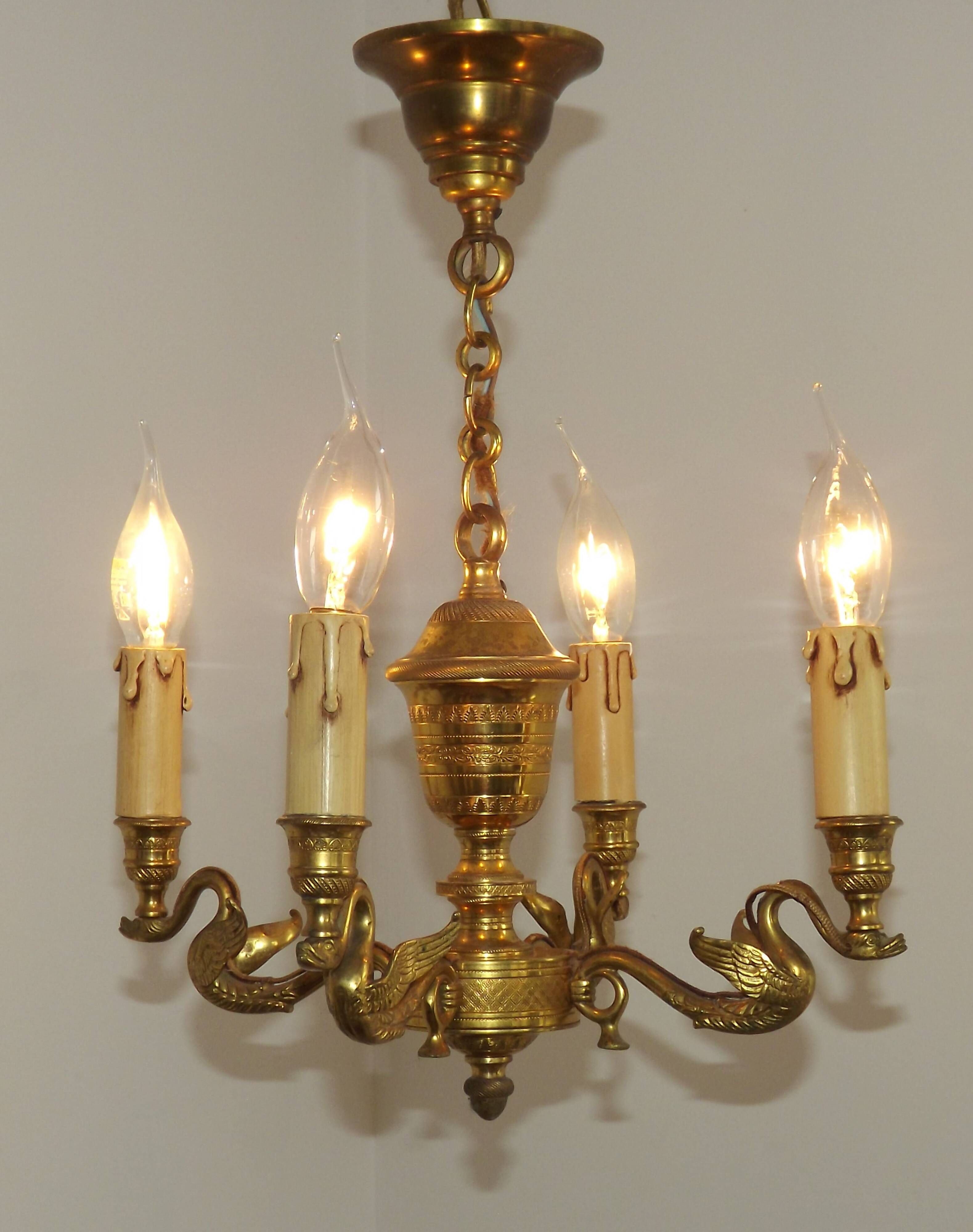 French Empire Style Bronze 4-Light Chandelier with Swan Detail Arms
