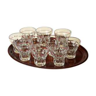 Set with 10 spirit glasses 2cl on a faux-wood  serving tray 1960
