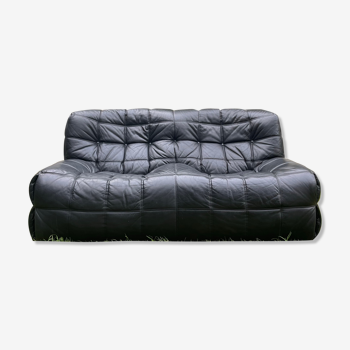 Kashima 2-seater sofa in black leather Michel Ducaroy, 1970