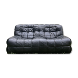 Kashima 2-seater sofa in black leather Michel Ducaroy, 1970