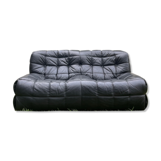 Kashima 2-seater sofa in black leather Michel Ducaroy, 1970