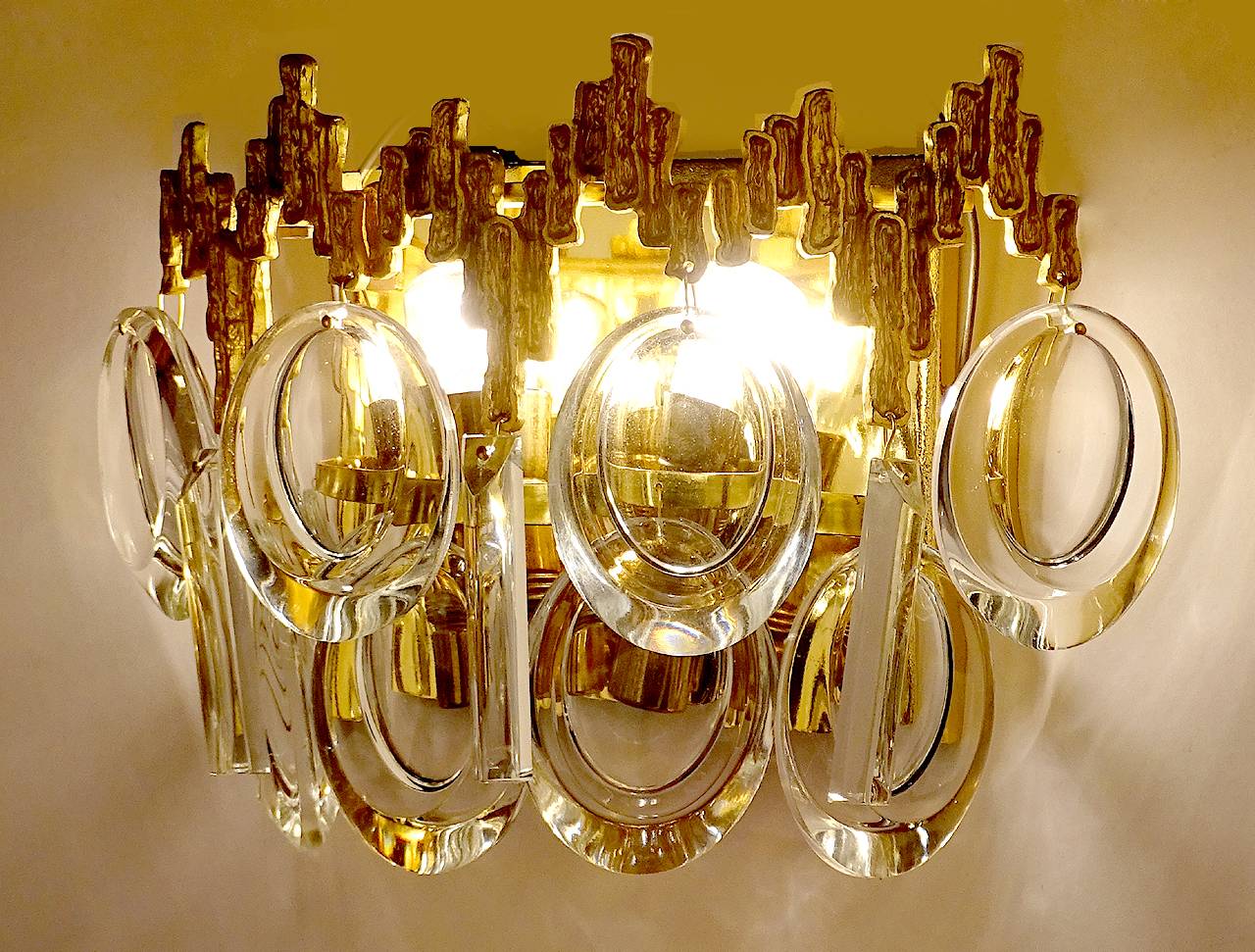 Pair of vintage wall lamps, gold fine gold, crystal, 60s