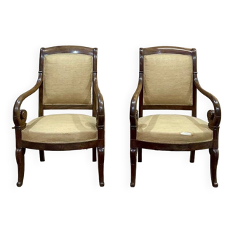 Pair of Restoration armchairs in mahogany from the end of the 19th century (fabric defects)