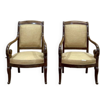 Pair of Restoration armchairs in mahogany from the end of the 19th century (fabric defects)