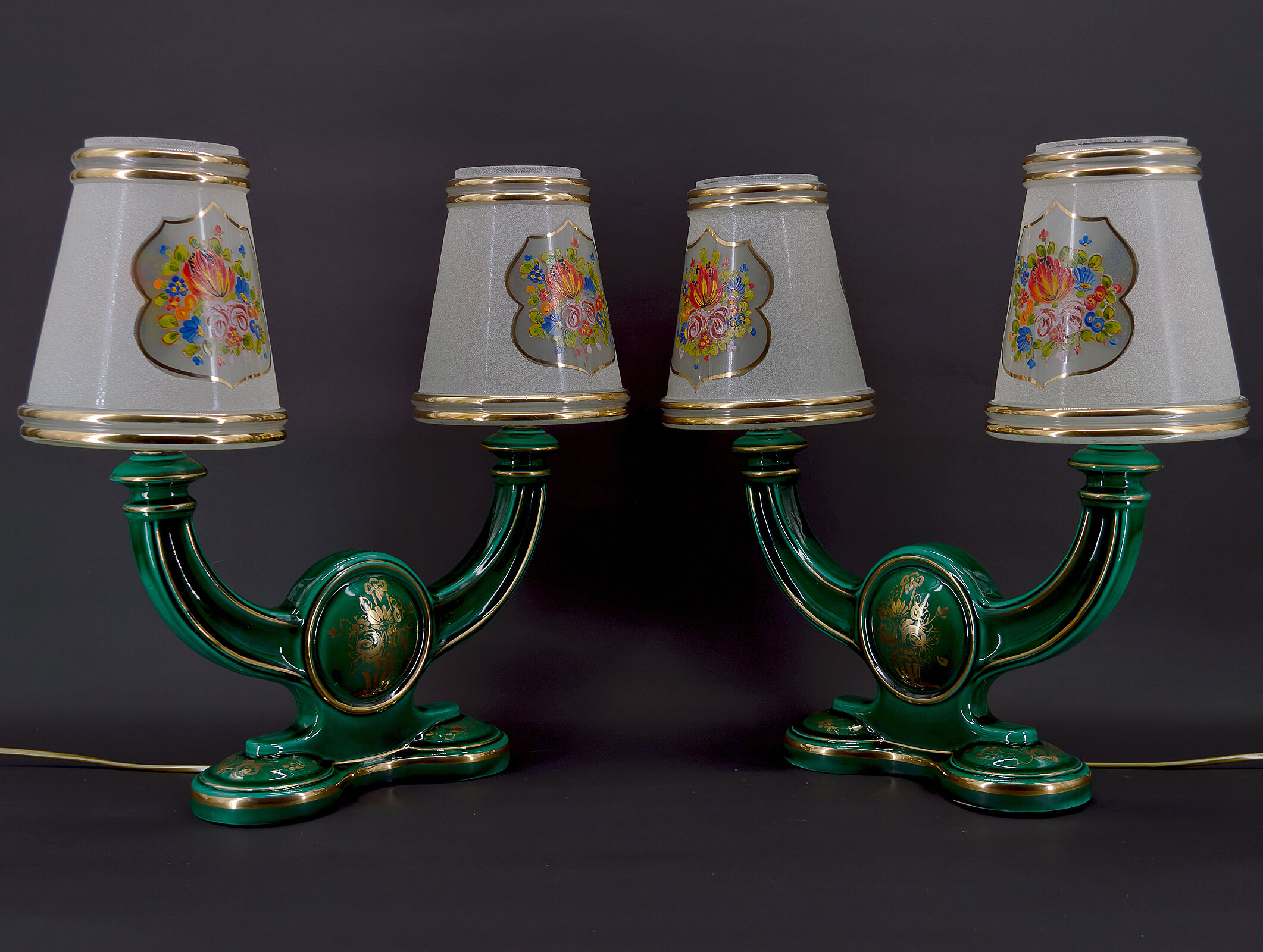 Pair of lamps in green and gold earthenware, circa 1940