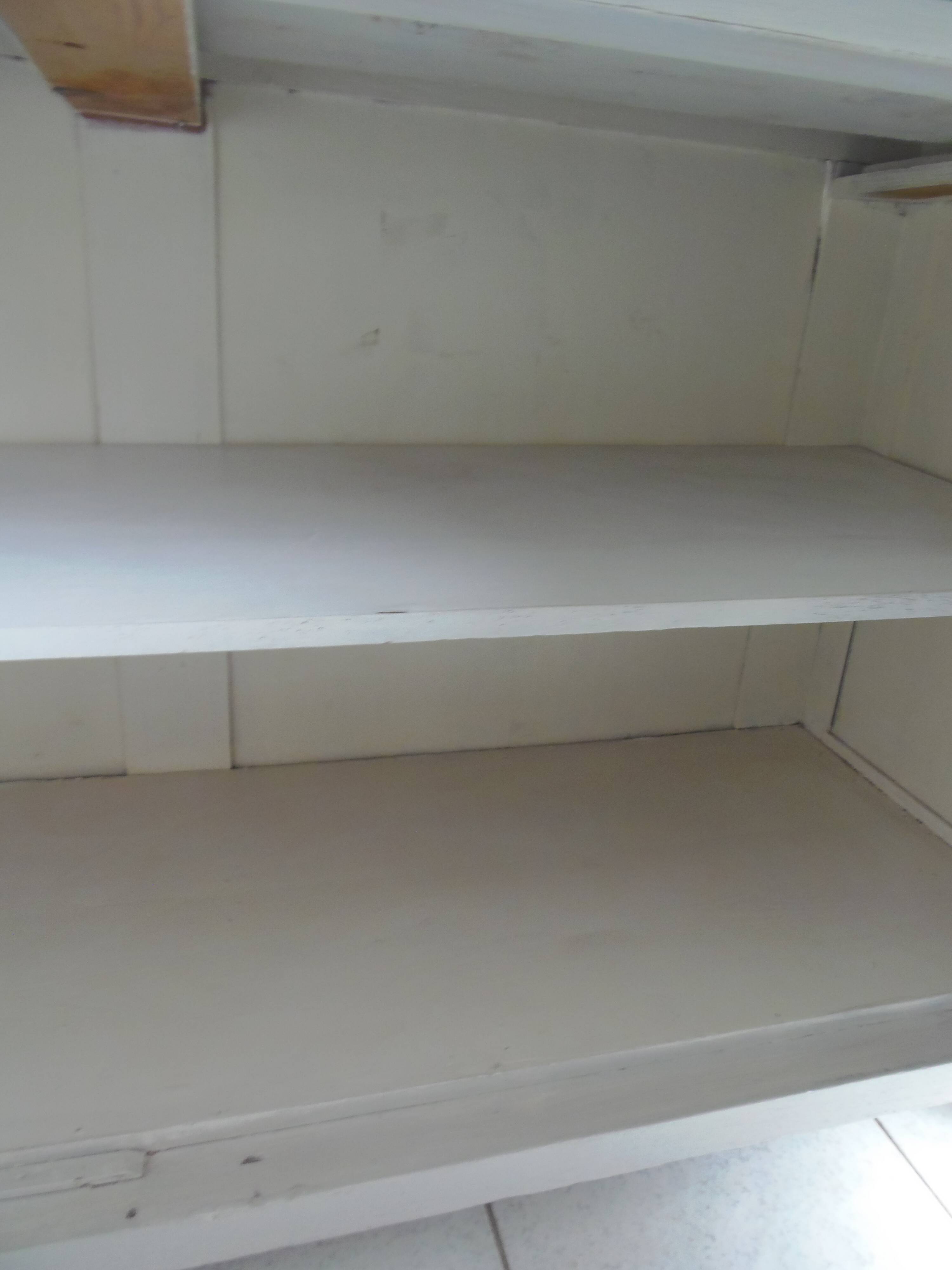 Vintage sideboard, 2 drawers, 1 shelf, 2 pearl gray patinated doors, wooden top.