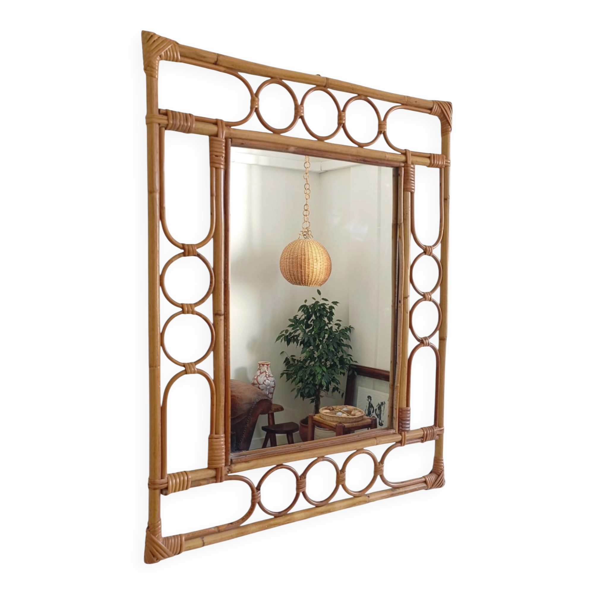 Mid-Century Organic Modern Bamboo & Rattan Mirror, Franco Albini Style, 1960s
