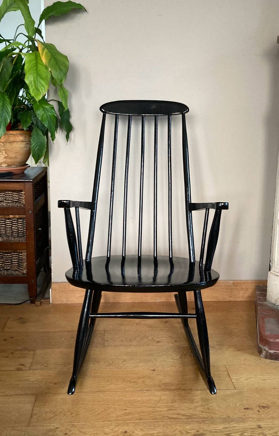 Vintage Scandinavian rocking chair in blackened wood from the 1970s