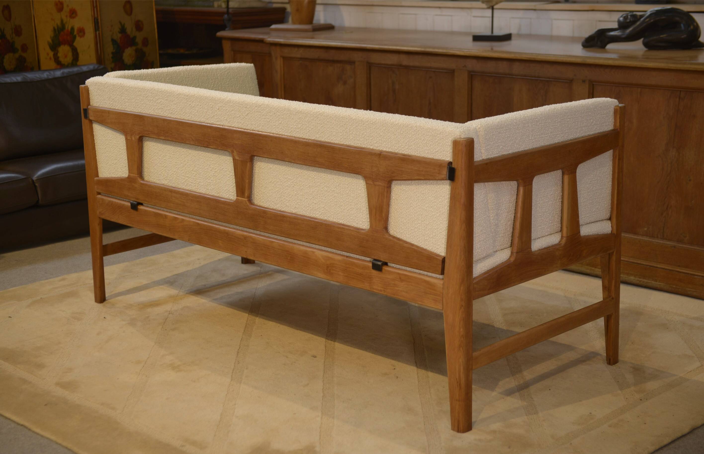 Oak canapé with ecru loops by Guillerme and Chambron for Votre Maison 1960s