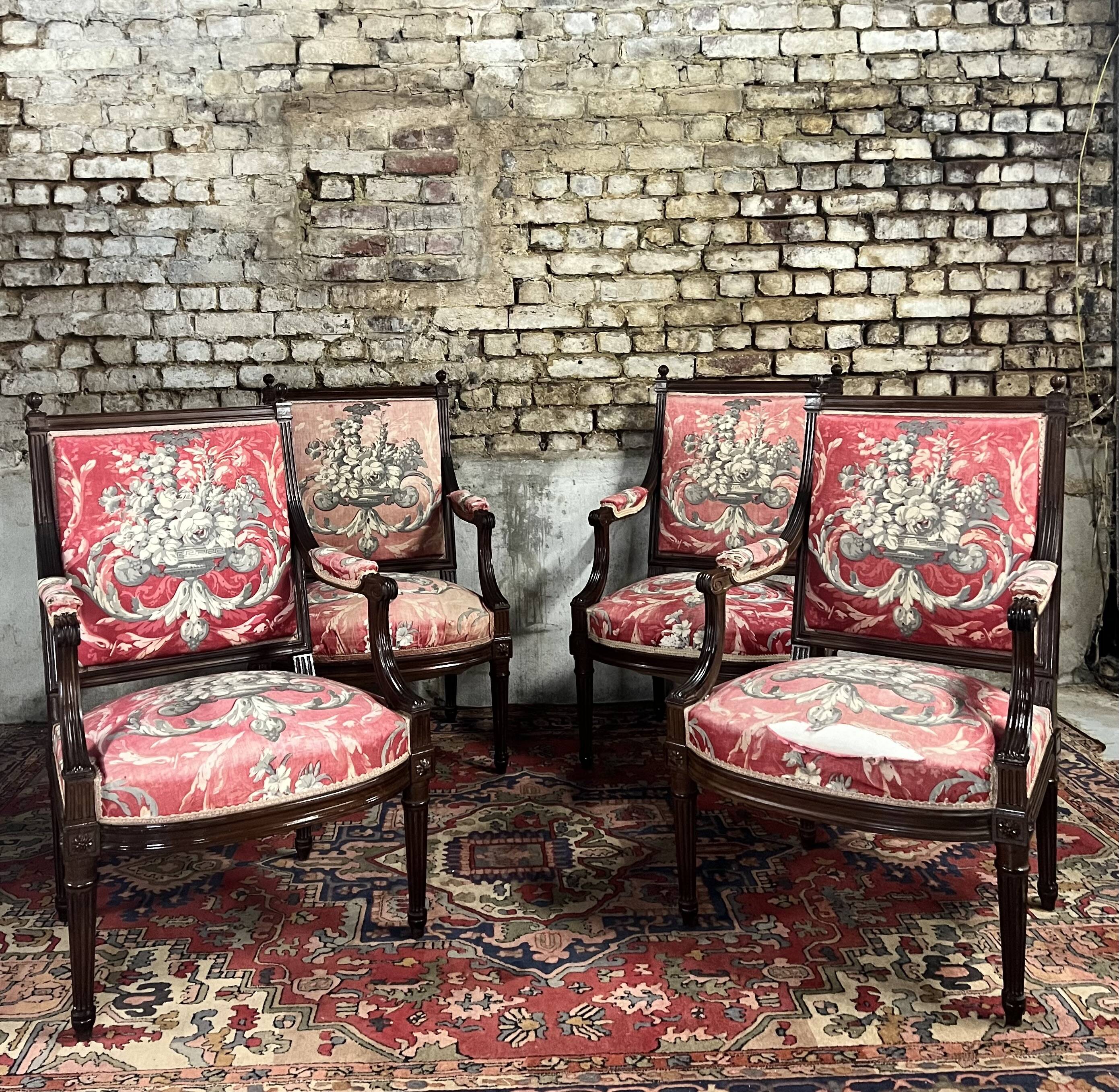 Suite of four queen's armchairs in louis xvi style mahogany xix eme century