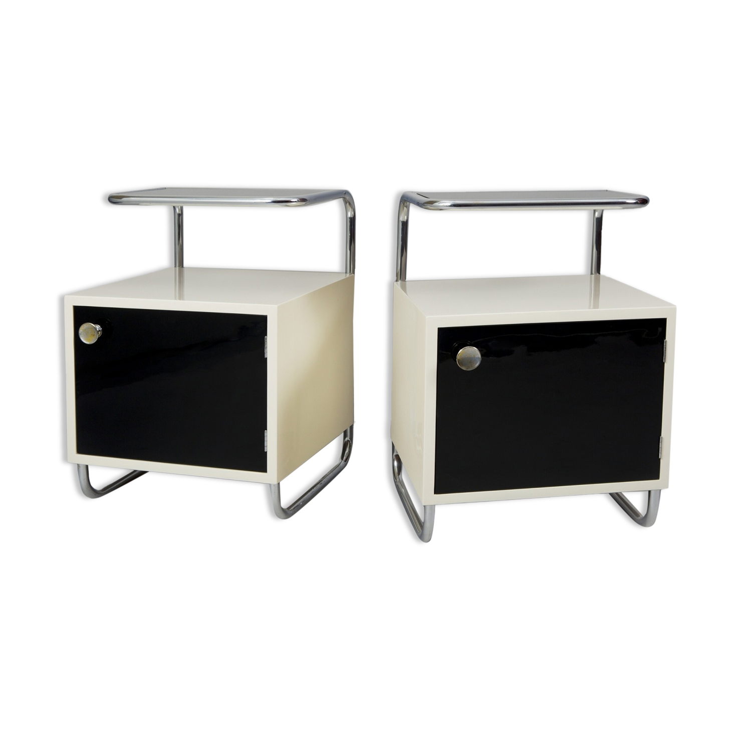 Pair of Black and white bed side tables made in 1940s Czechia