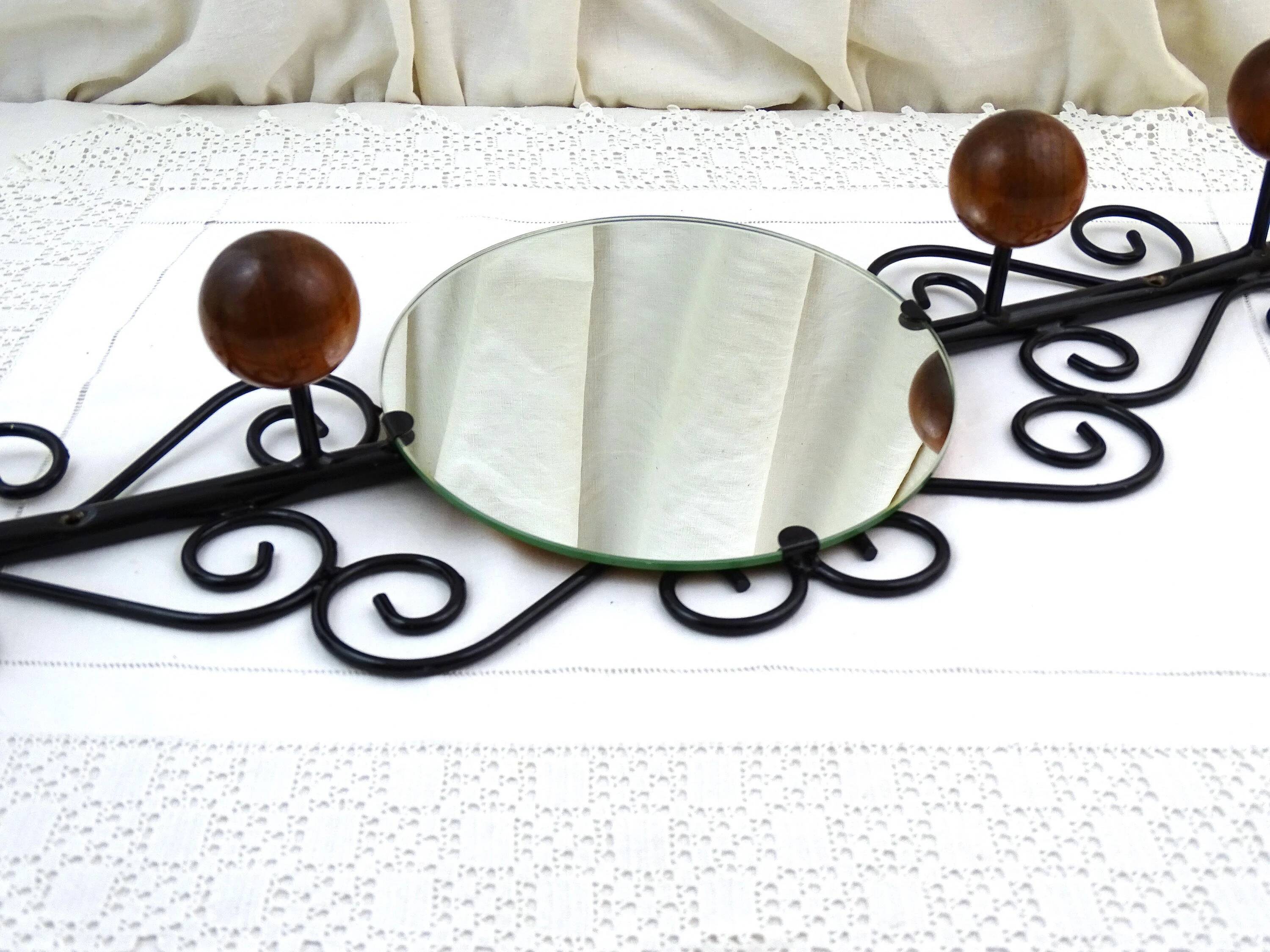 Porte-manteau mural vintage avec 4 crochets, miroir rond et cadre en fer forgé noir, meuble d'entrée rétro des années 1960, France
