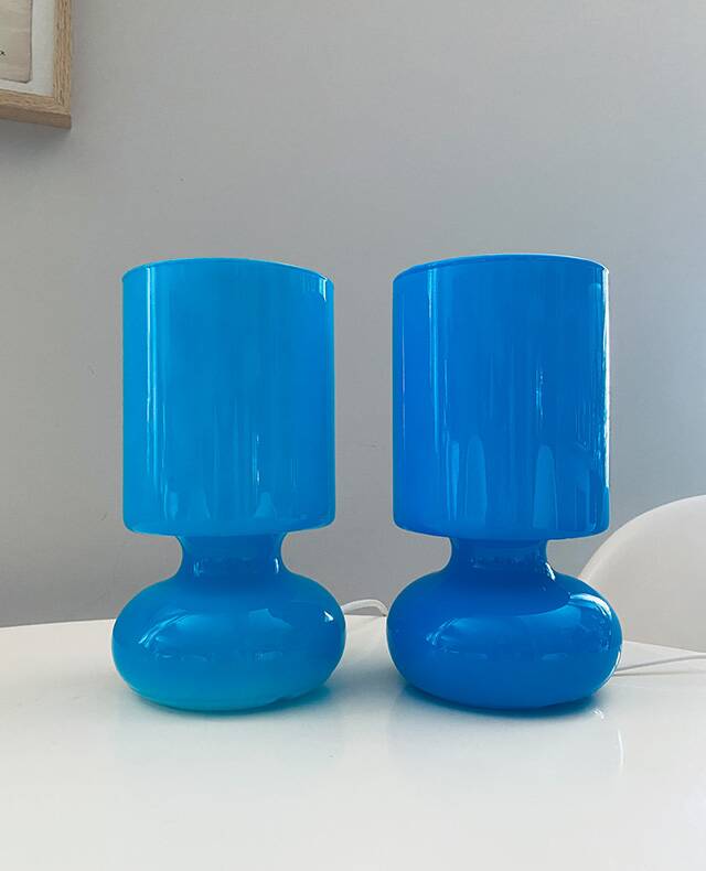 Pair of IKEA Lykta lamps in turquoise opaline