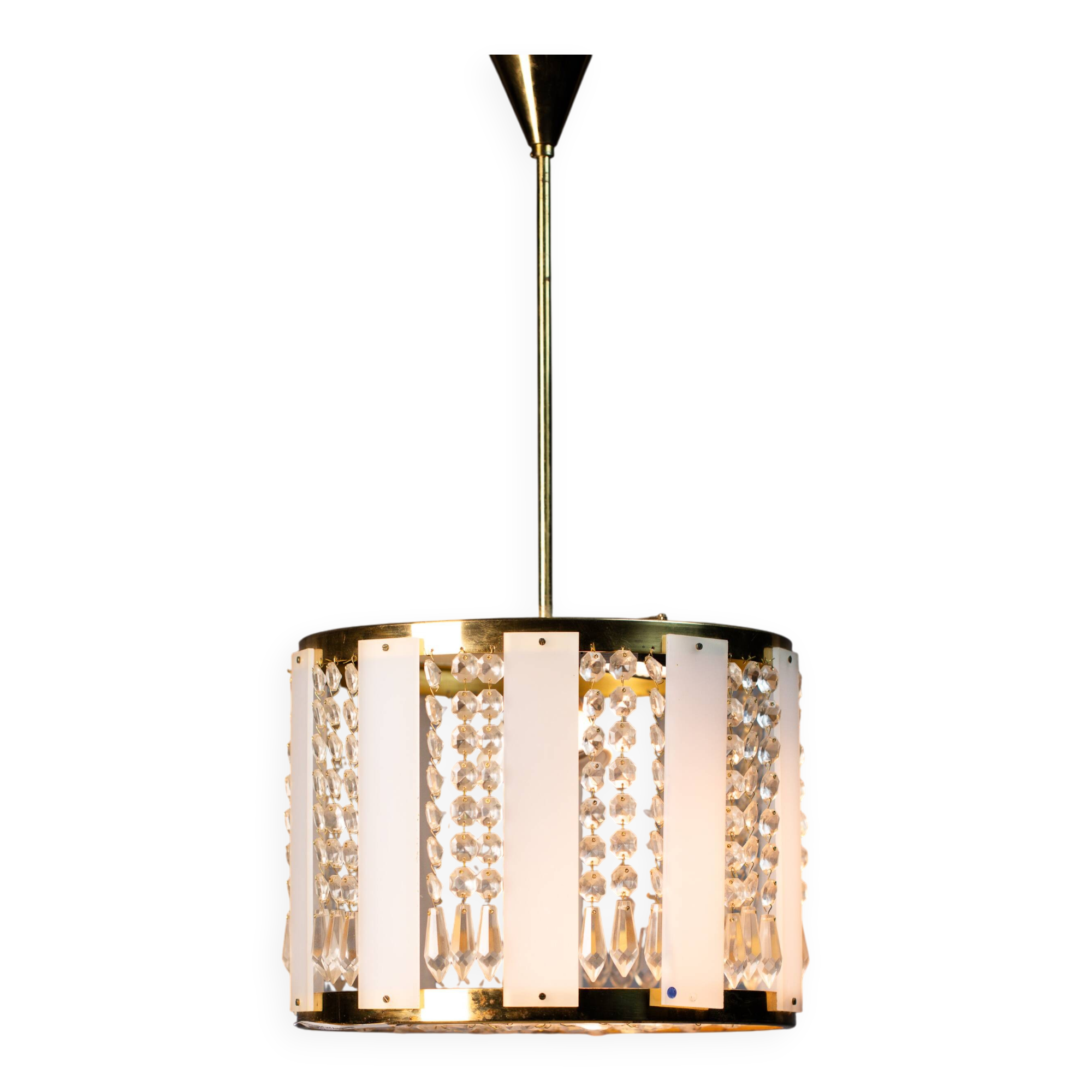 Vintage Crystal Chandelier: 1970s Czech Brass Glass Pendant Light