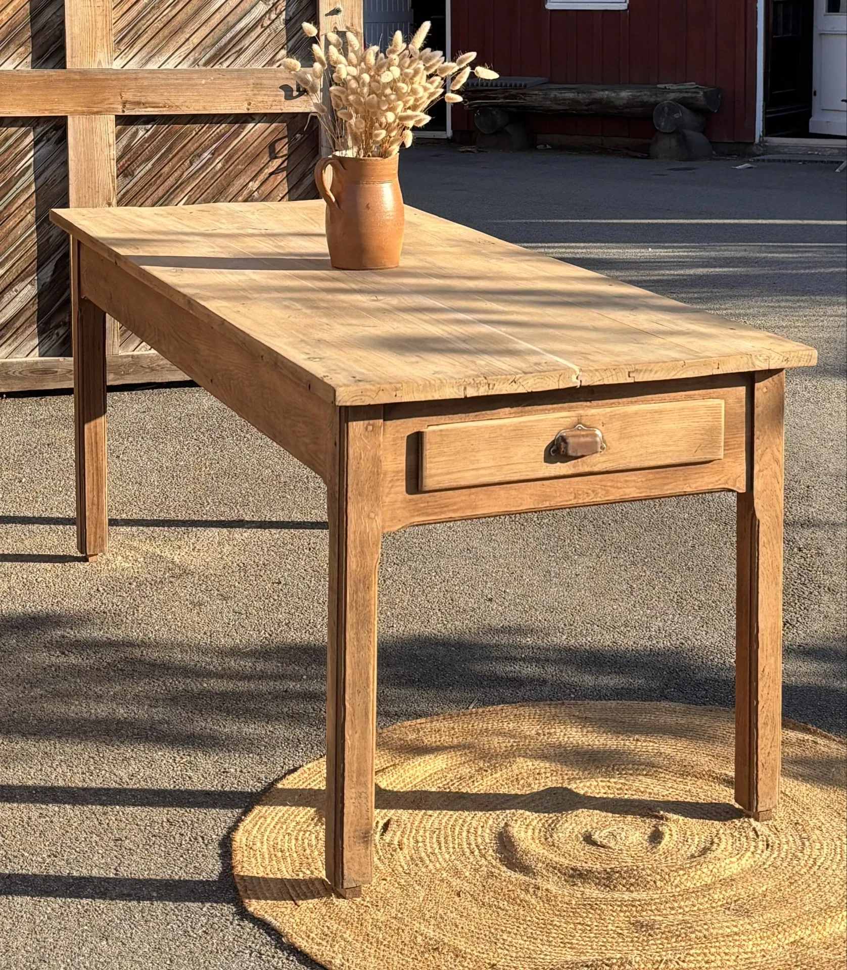 Large antique farmhouse table in solid raw oak with 1 drawer - 2m
