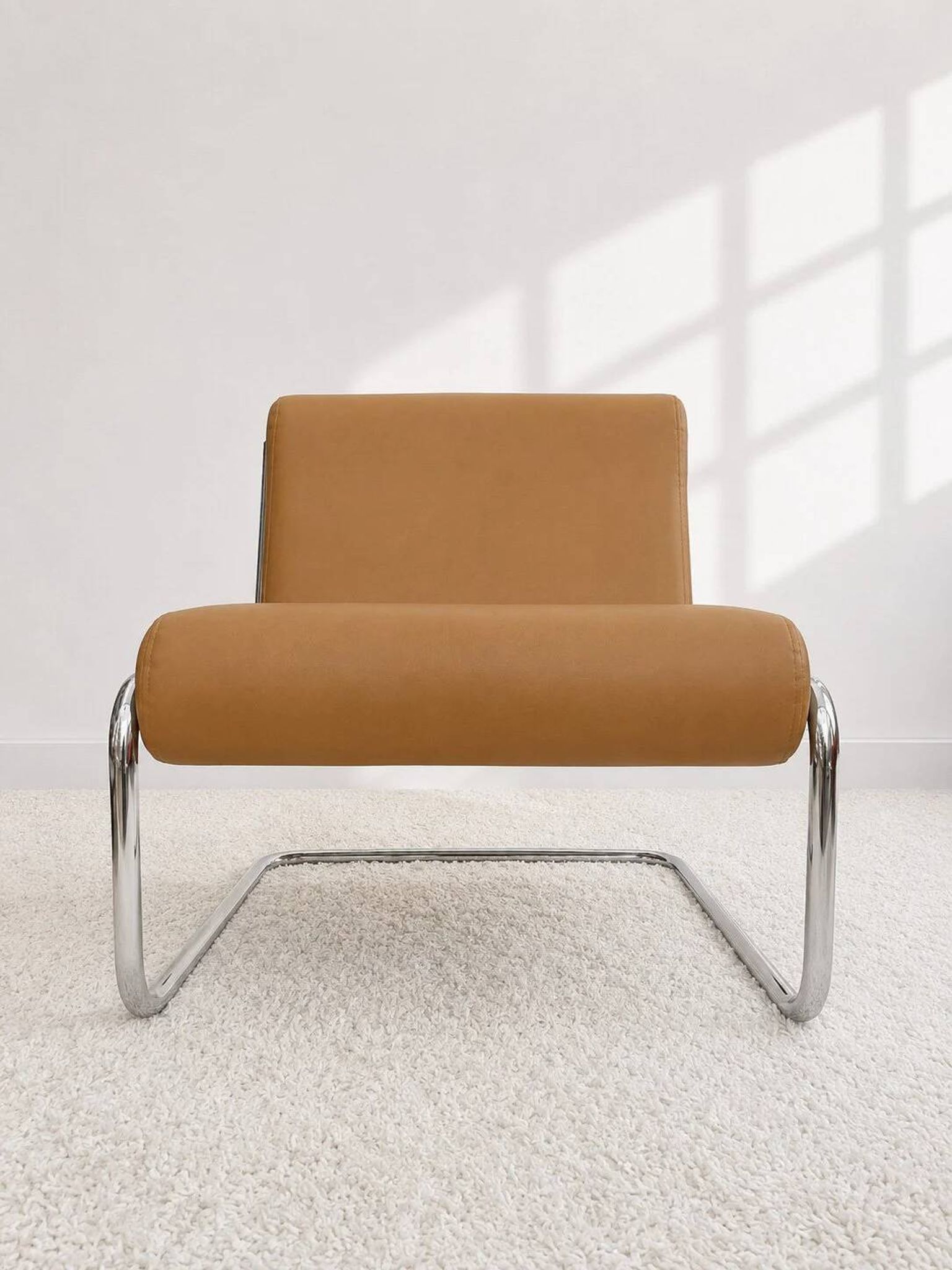 Vintage cantilever armchair. Brown faux leather upholstery. 60s