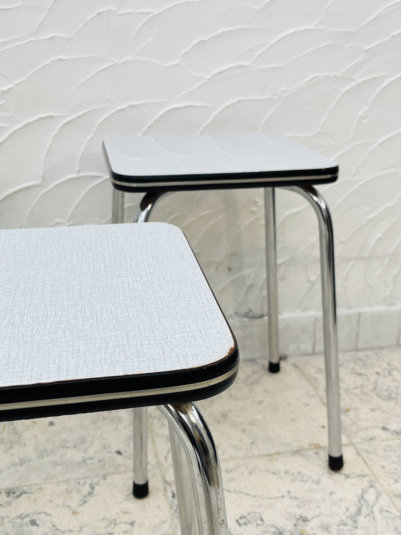 Set of 4 vintage grey chrome Formica stools.