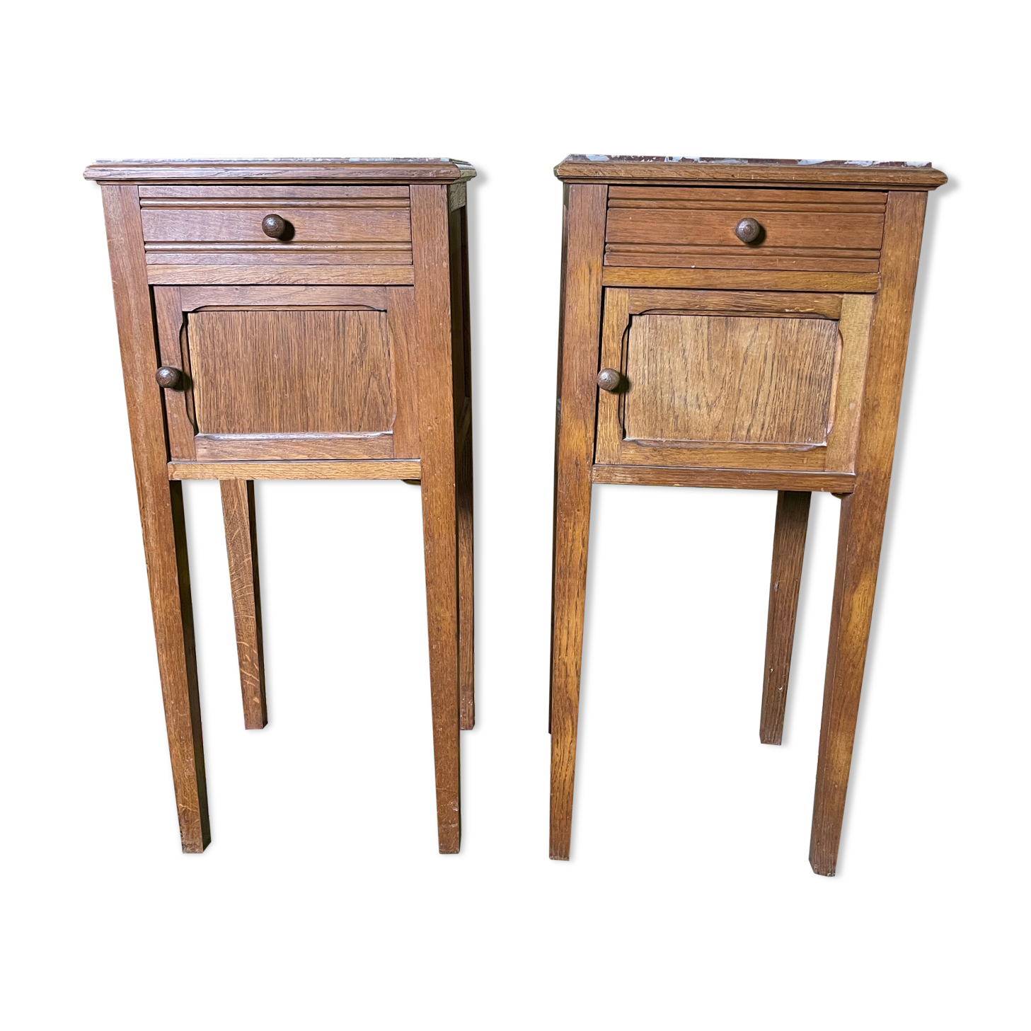 Pair of bedside tables in solid oak and marble