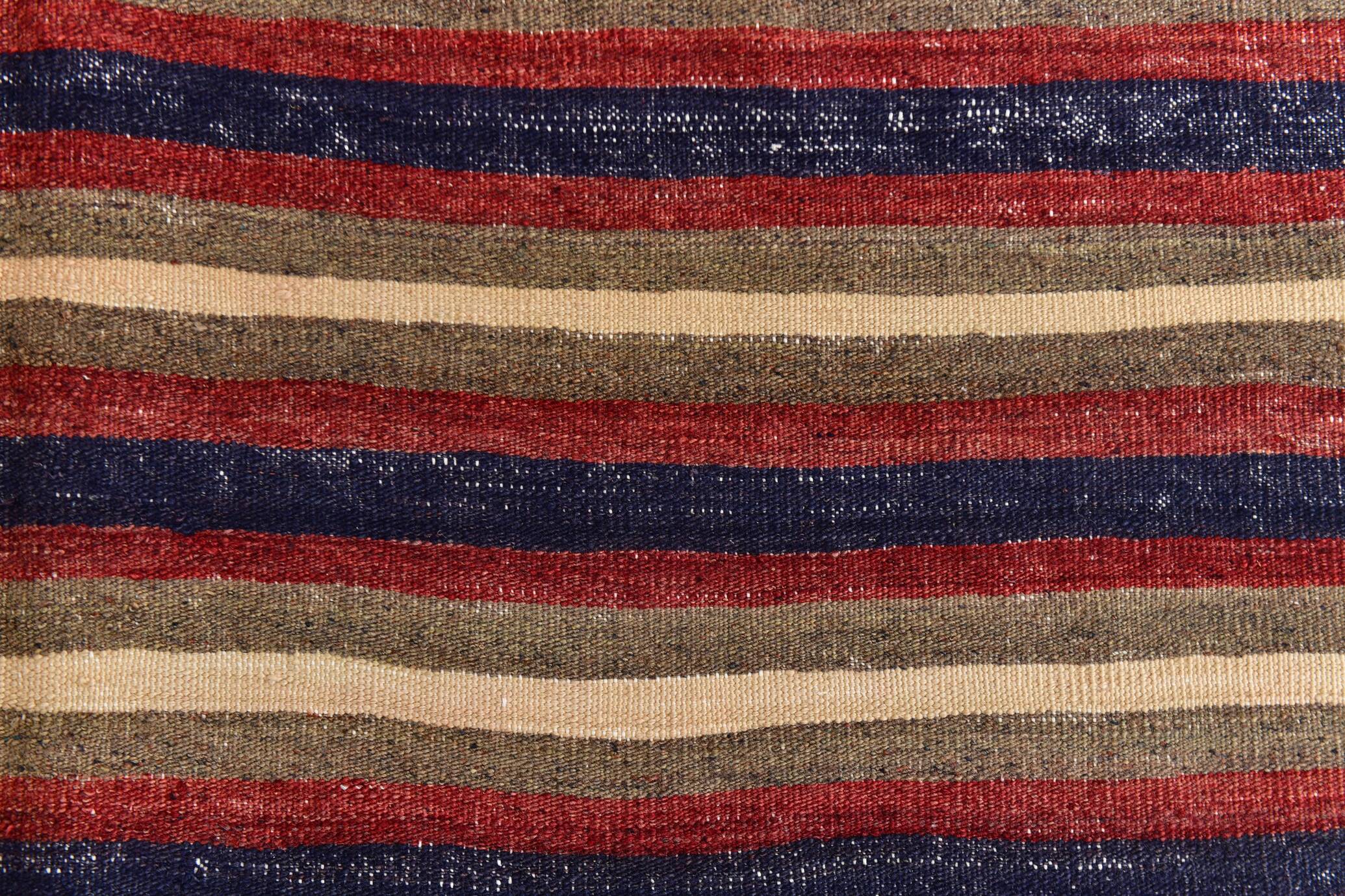 4x9 Red & Navy Blue Pinstriped Pattern Turkish Kilim Rug, 136x284Cm