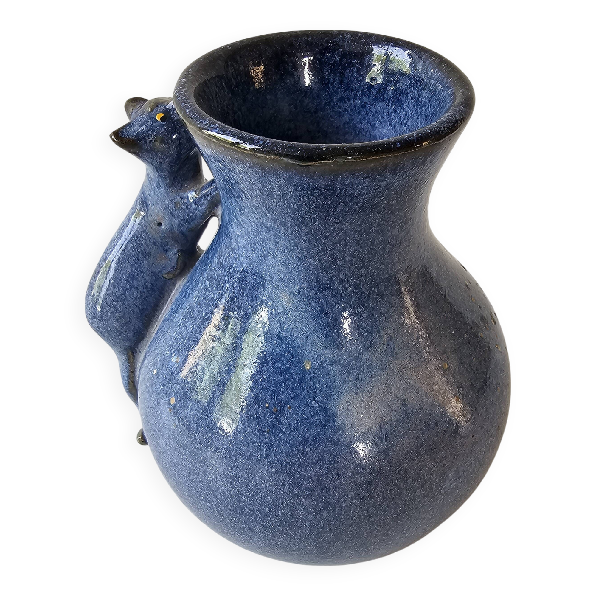 Blue ceramic cat vase signed Jean Louis Scouarnec