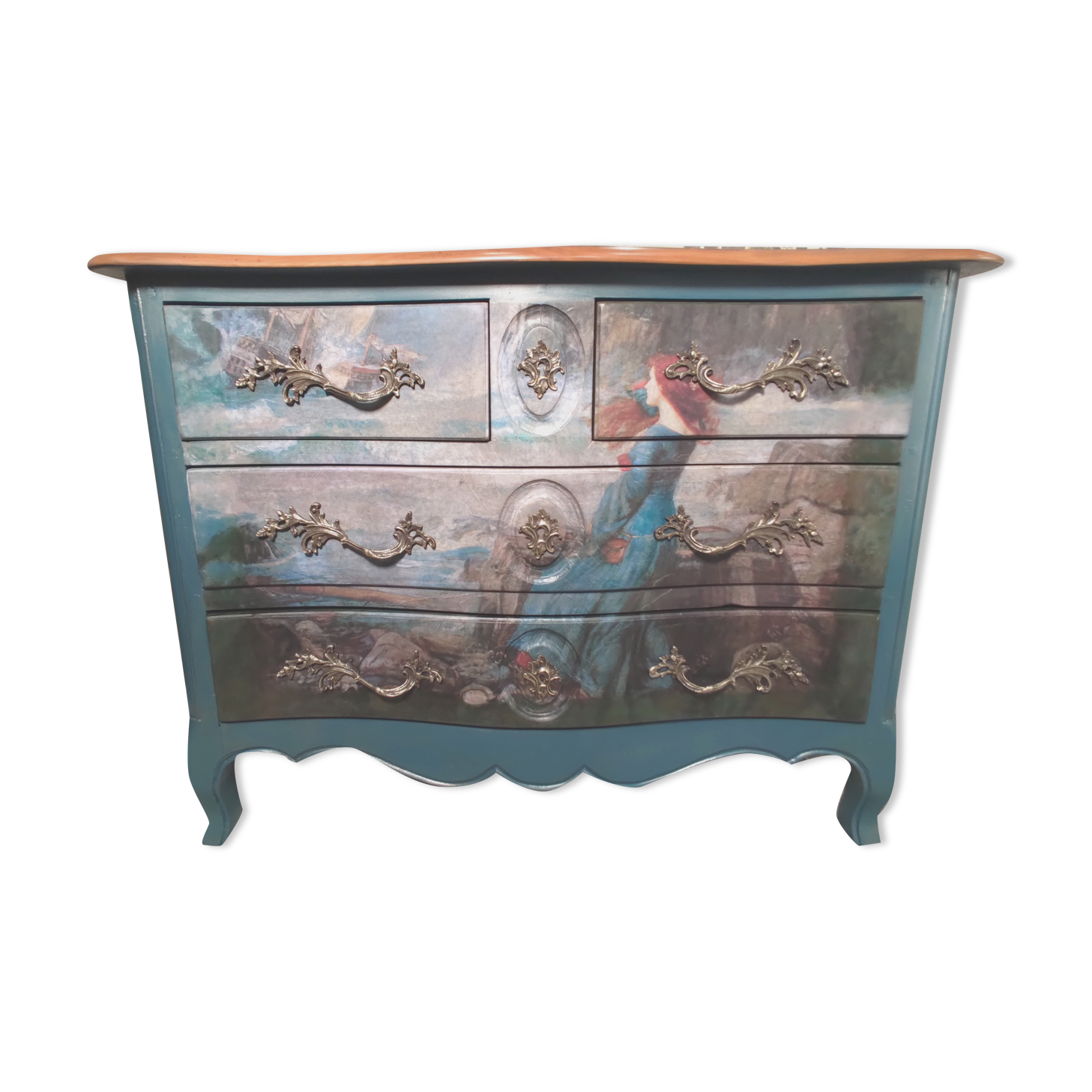Patinated crossbow chest of drawers