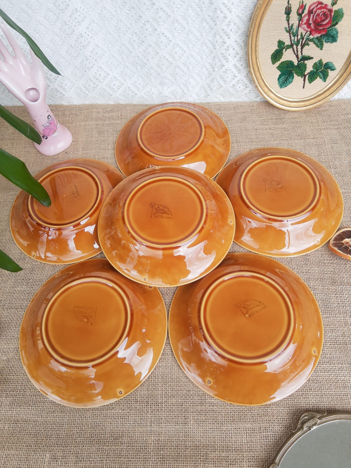 Set of 6 hollow plates Longchamp France mustard - vintage