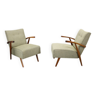 Pair of 1960s armchairs in solid beech, restored and newly upholstered