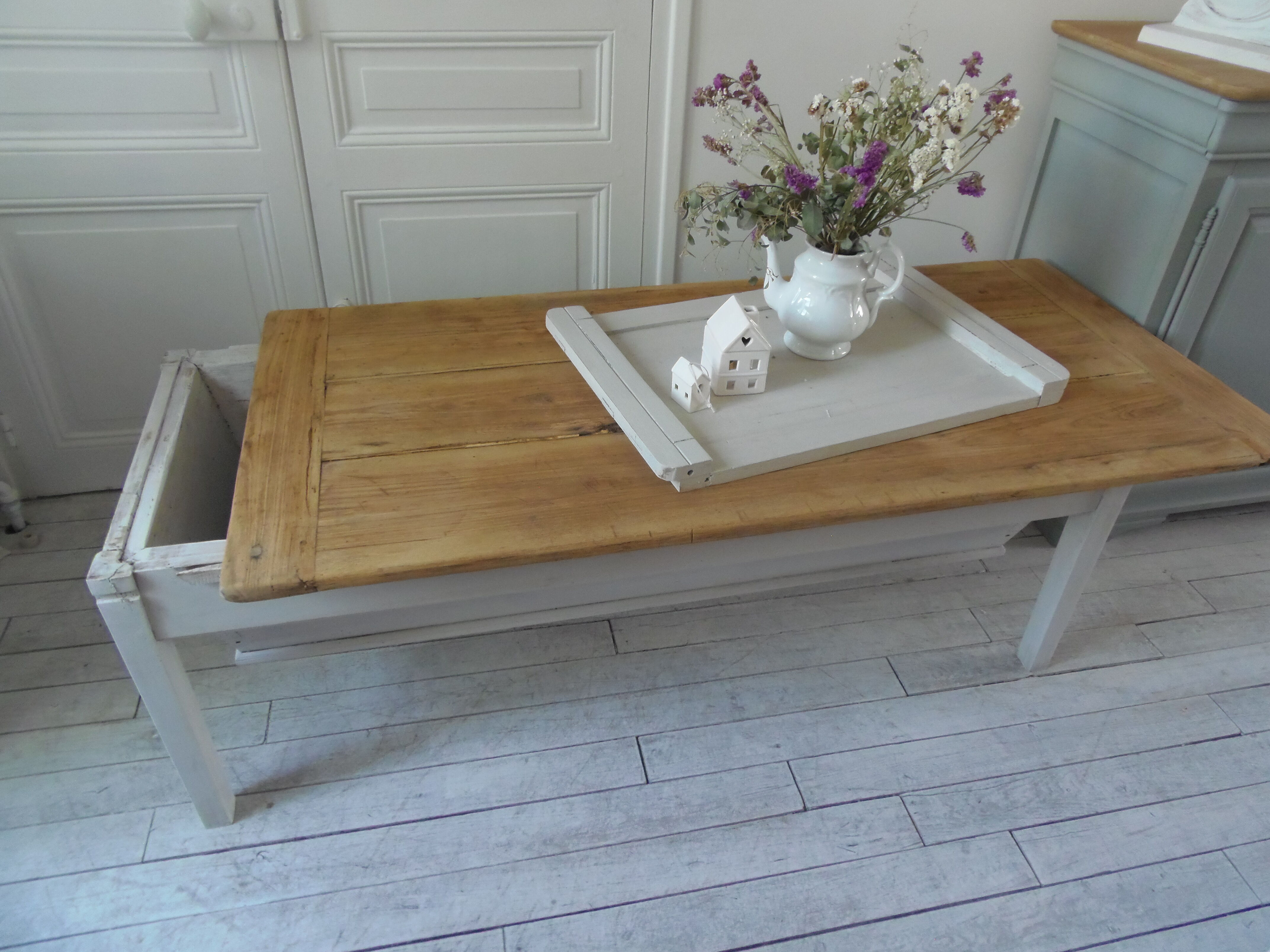 Coffee table made from an authentic farmhouse table, leg patinated pearl gray