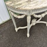 Louis XVI style half-moon console table with carved and painted wood and marble top