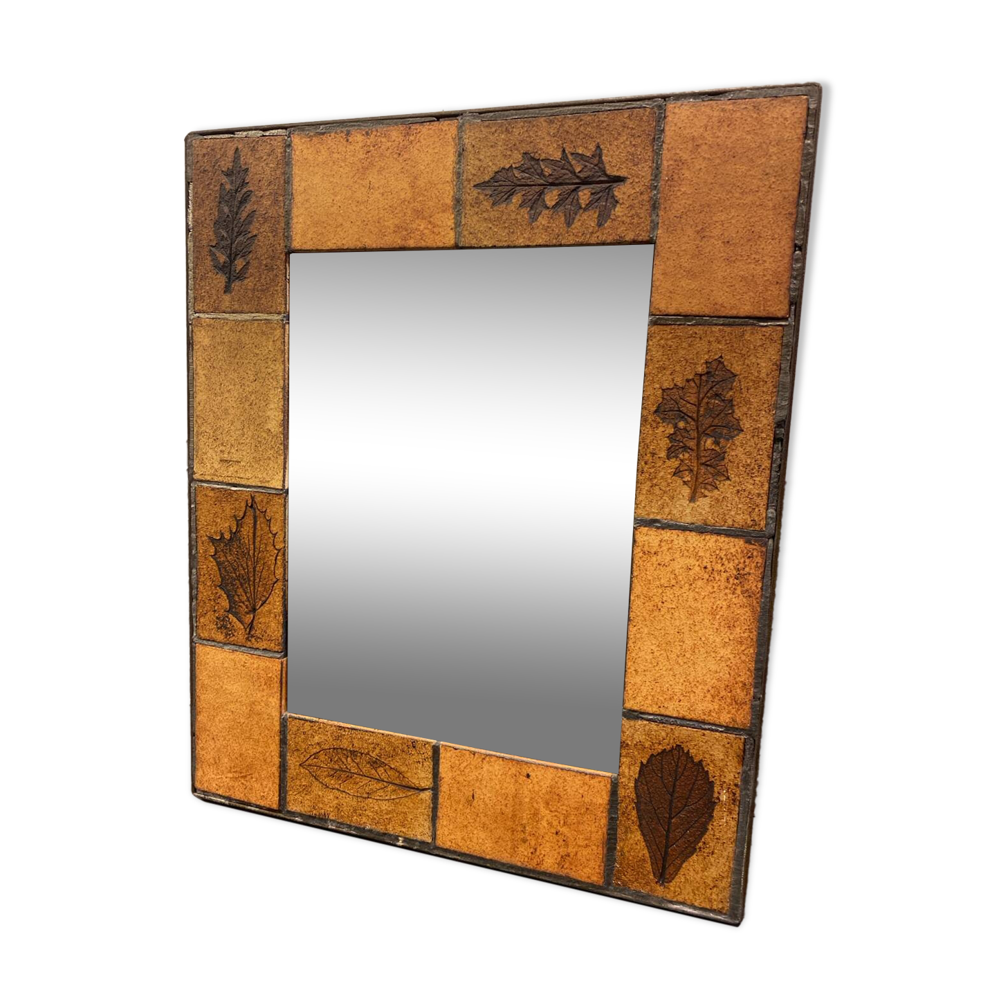 Ceramic wall mirror with herbarium decor circa 1960