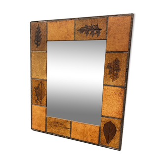 Ceramic wall mirror with herbarium decor circa 1960