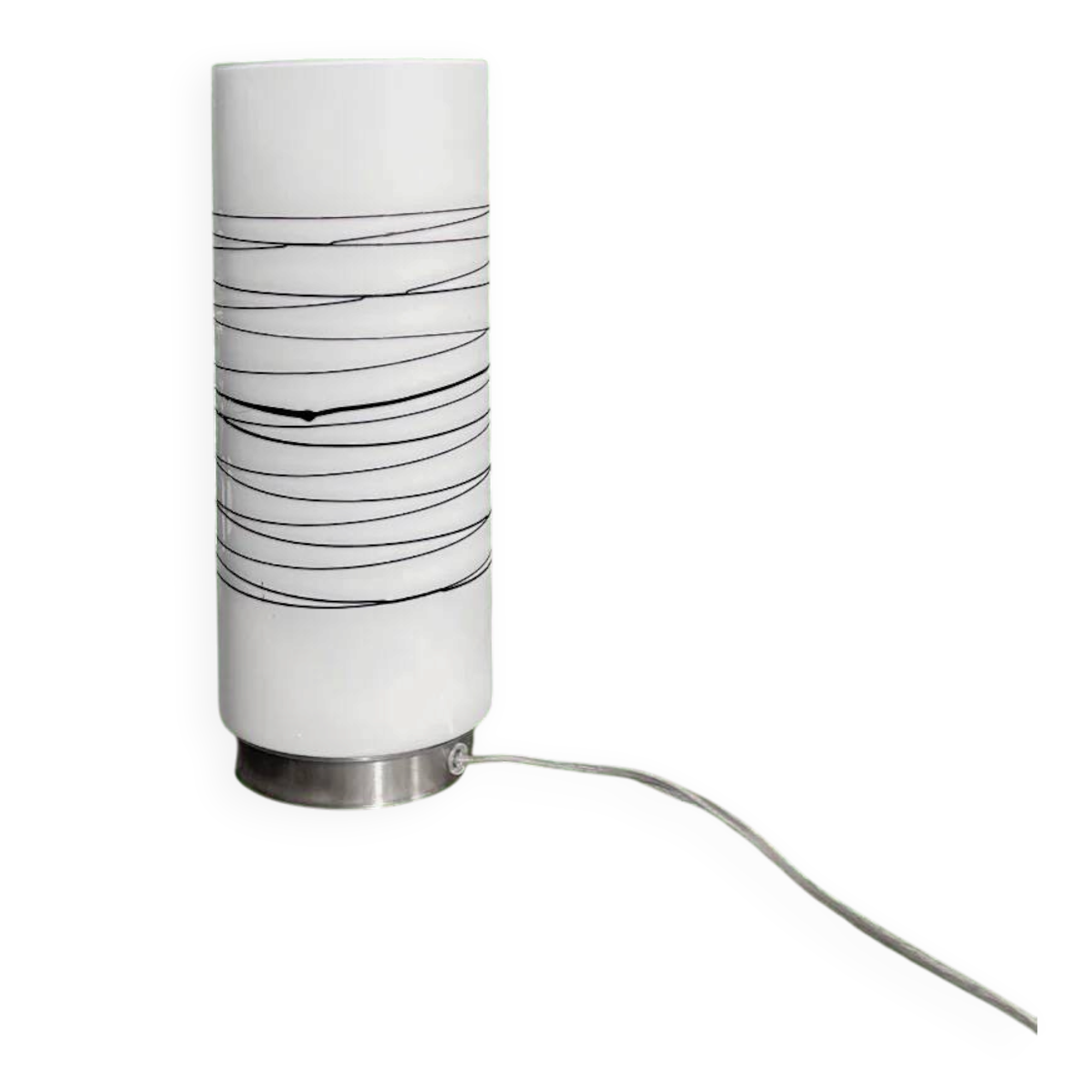Vintage solid cylindrical lamp in white opal glass and brushed metal – postmodern design